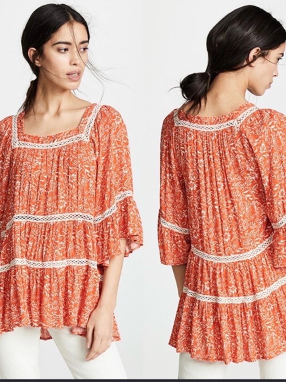 Free People Floral Crochet-Trim Peasant Top in Orange